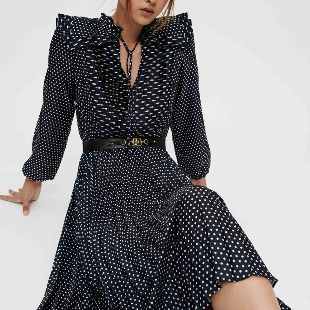 Maje pleated satin dress, mini clover dots, size 42 (XL), black and white